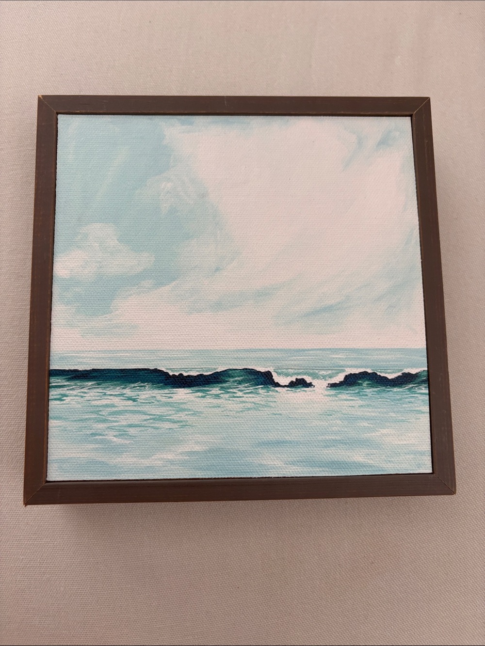 Coastal Calm Ocean Painting in Teal and White - Framed Wall Art